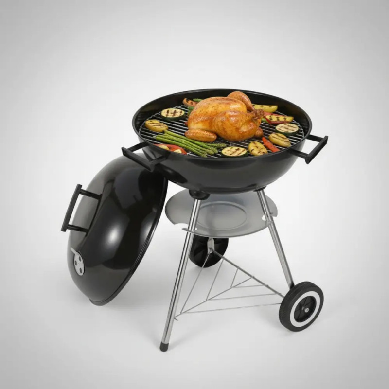Gratar pe carbuni Kinghoff KH 2033, Ventilatie reglabila, Roti, Otel, Negru
