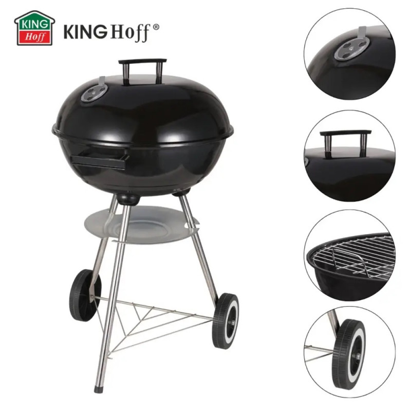 Gratar pe carbuni Kinghoff KH 2033, Ventilatie reglabila, Roti, Otel, Negru