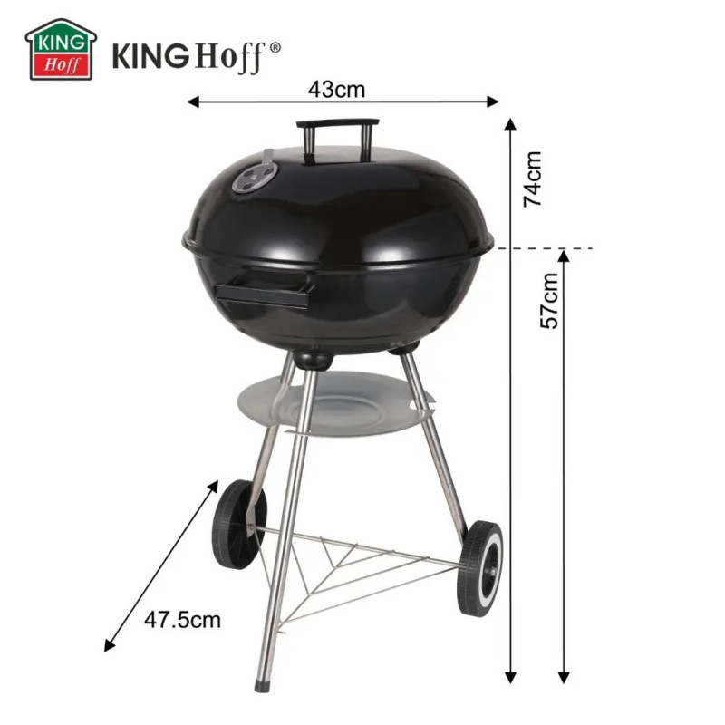 Gratar pe carbuni Kinghoff KH 2033, Ventilatie reglabila, Roti, Otel, Negru