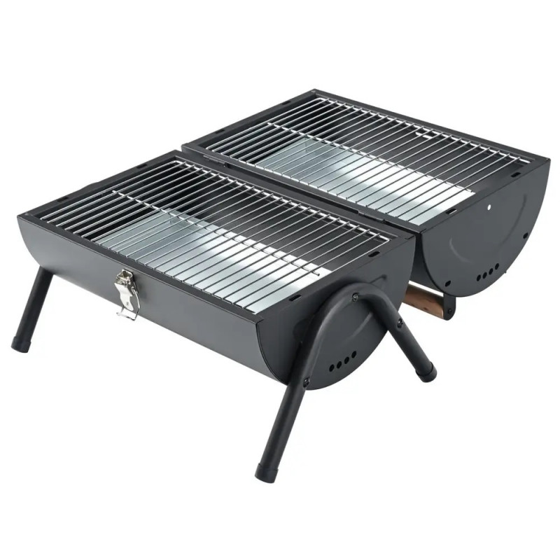 Gratar pe cаrbuni Kinghoff KH 2032, Portabil, Ventilatie reglabila, Deschidere la 180°, Capac cu sistem de blocare, Otel, Negru