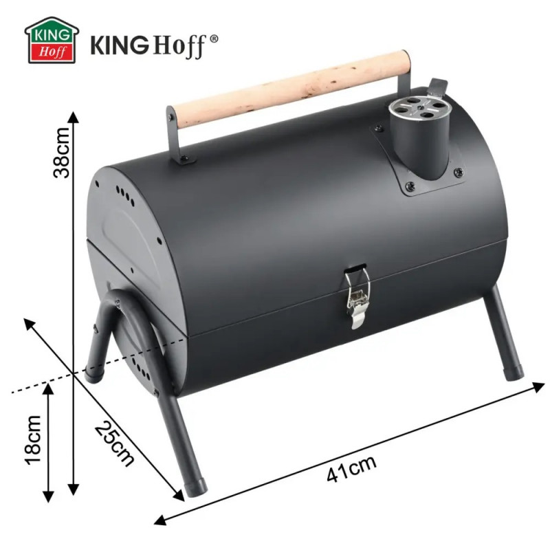 Gratar pe cаrbuni Kinghoff KH 2032, Portabil, Ventilatie reglabila, Deschidere la 180°, Capac cu sistem de blocare, Otel, Negru