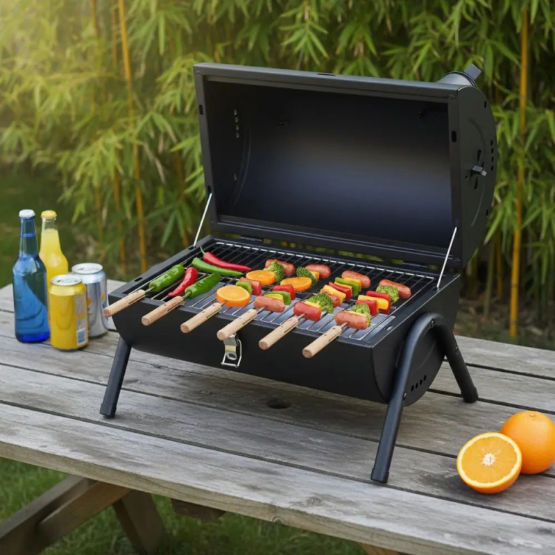 Gratar pe cаrbuni Kinghoff KH 2032, Portabil, Ventilatie reglabila, Deschidere la 180°, Capac cu sistem de blocare, Otel, Negru