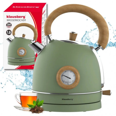 Ceainic electric Klausberg KB 9008, 2200 W, 1,8 l, Baza rotativa la 360°, Indicator de nivel al apei, Termometru, Verde