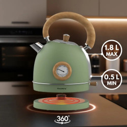 Ceainic electric Klausberg KB 9008, 2200 W, 1,8 l, Baza rotativa la 360°, Indicator de nivel al apei, Termometru, Verde