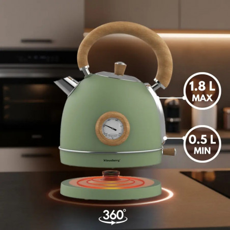 Ceainic electric Klausberg KB 9008, 2200 W, 1,8 l, Baza rotativa la 360°, Indicator de nivel al apei, Termometru, Verde