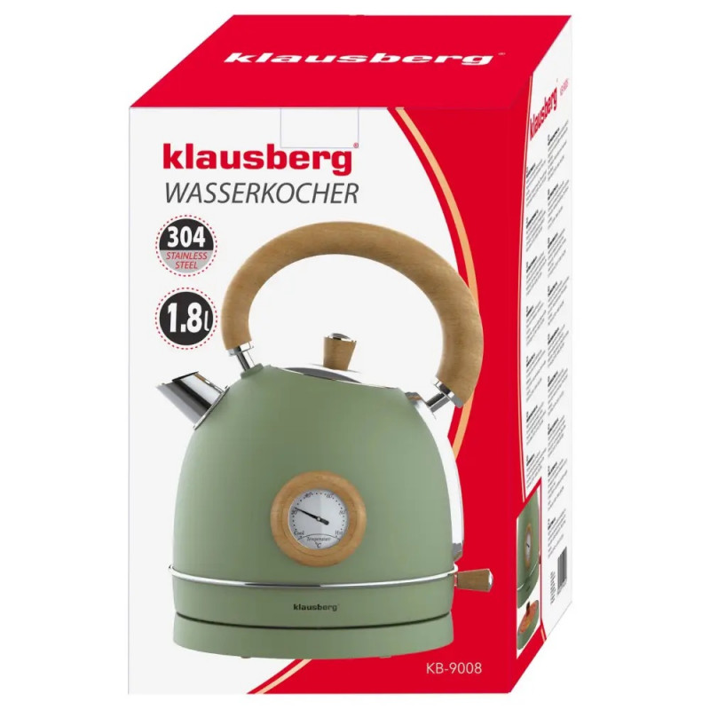 Ceainic electric Klausberg KB 9008, 2200 W, 1,8 l, Baza rotativa la 360°, Indicator de nivel al apei, Termometru, Verde