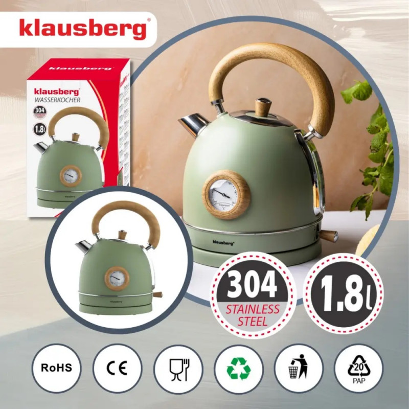 Ceainic electric Klausberg KB 9008, 2200 W, 1,8 l, Baza rotativa la 360°, Indicator de nivel al apei, Termometru, Verde