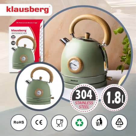 Ceainic electric Klausberg KB 9008, 2200 W, 1,8 l, Baza rotativa la 360°, Indicator de nivel al apei, Termometru, Verde