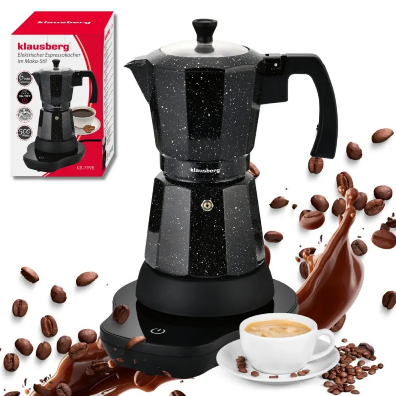 Aparat electric de cafea cubanez Klausberg KB 7998, 500 W, 6 cesti, Element de incalzire incorporat, Supapă de siguranta, Negru