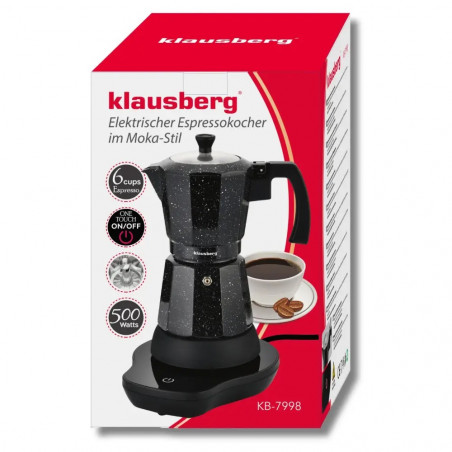 Aparat electric de cafea cubanez Klausberg KB 7998, 500 W, 6 cesti, Element de incalzire incorporat, Supapă de siguranta, Negru