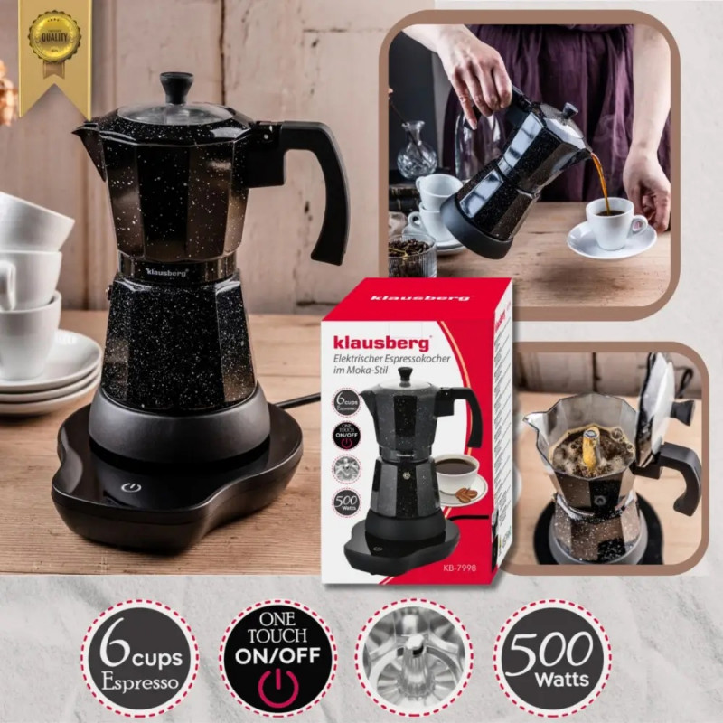 Aparat electric de cafea cubanez Klausberg KB 7998, 500 W, 6 cesti, Element de incalzire incorporat, Supapă de siguranta, Negru