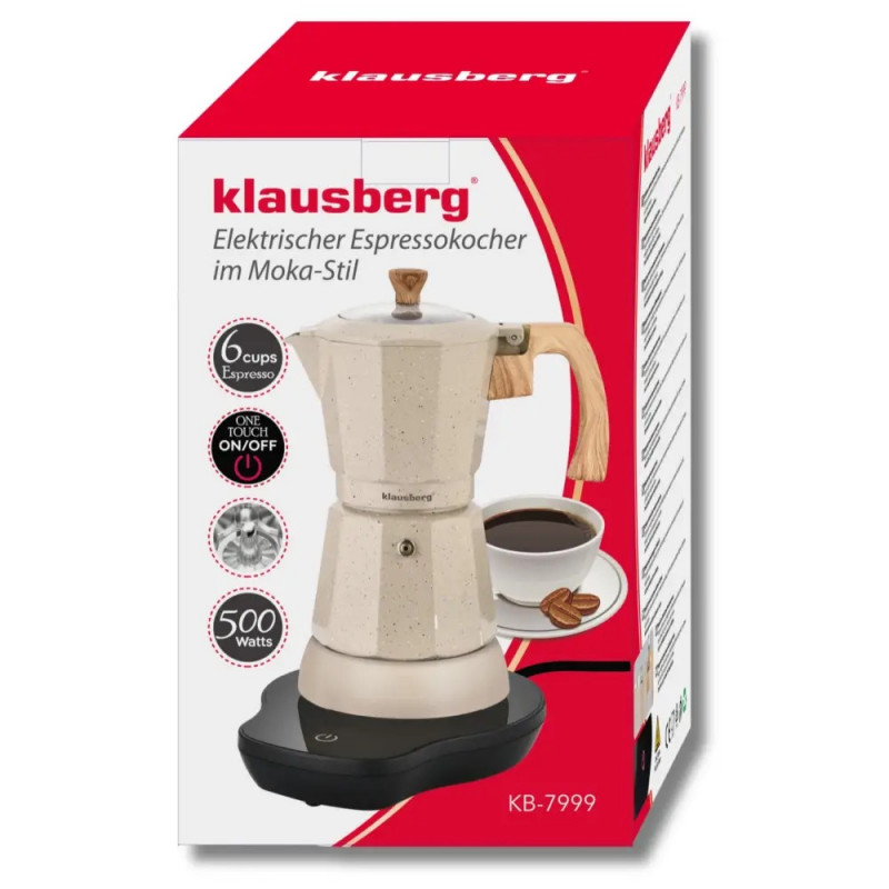 Aparat electric de cafea cubanez Klausberg KB 7999, 500 W, 6 cesti, Element de incalzire incorporat, Supapa de siguranta, Bej