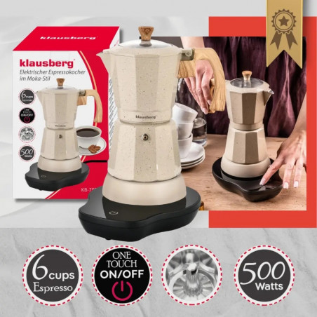 Aparat electric de cafea cubanez Klausberg KB 7999, 500 W, 6 cesti, Element de incalzire incorporat, Supapa de siguranta, Bej
