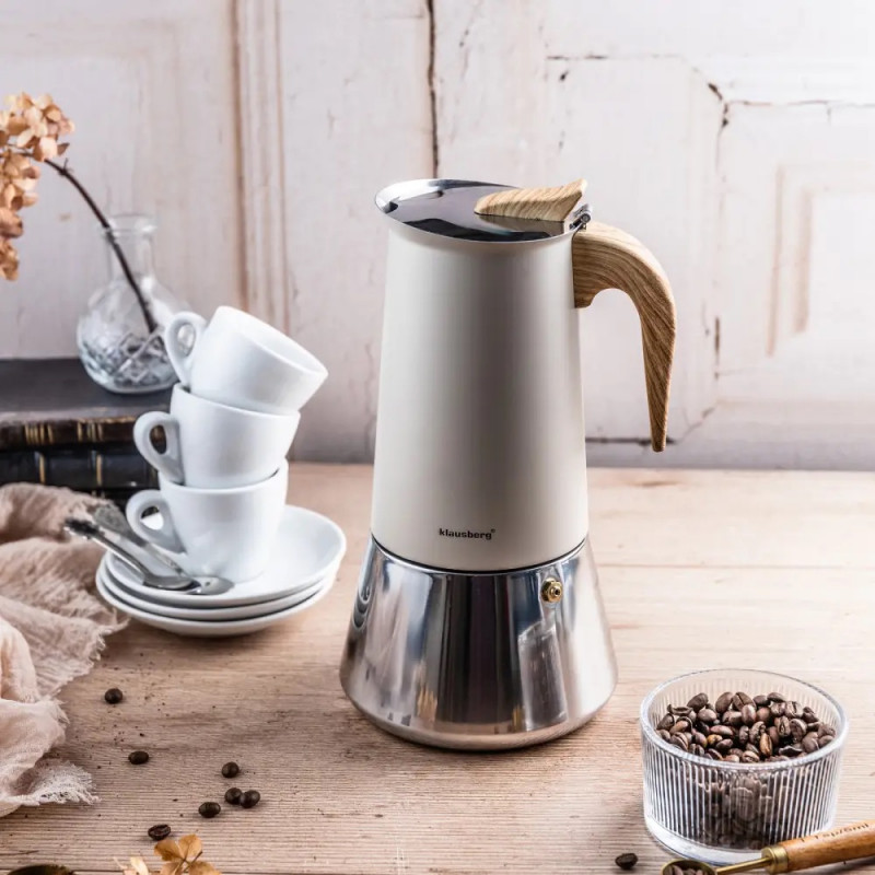 Aparat electric de cafea espresso cubanez Klausberg KB 7997, 600 ml, 12 cesti, Supapa de siguranta, Otel, Inductie, Bej