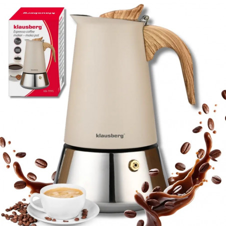 Aparat electric de cafea espresso cubanez Klausberg KB 7997, 600 ml, 12 cesti, Supapa de siguranta, Otel, Inductie, Bej