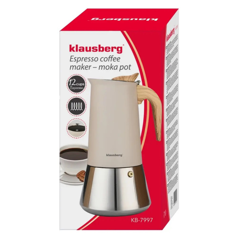 Aparat electric de cafea espresso cubanez Klausberg KB 7997, 600 ml, 12 cesti, Supapa de siguranta, Otel, Inductie, Bej