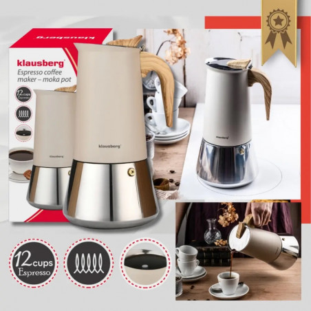 Aparat electric de cafea espresso cubanez Klausberg KB 7997, 600 ml, 12 cesti, Supapa de siguranta, Otel, Inductie, Bej