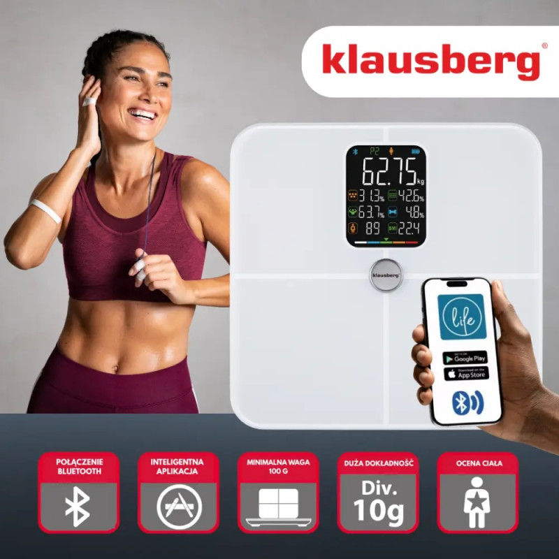 Cântar-analizor Klausberg KB 7941, până la 180 kg, BIA, Bluetooth, ecran LCD, sticlă securizată, Smart, alb