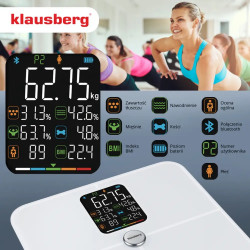 Cântar-analizor Klausberg KB 7941, până la 180 kg, BIA, Bluetooth, ecran LCD, sticlă securizată, Smart, alb