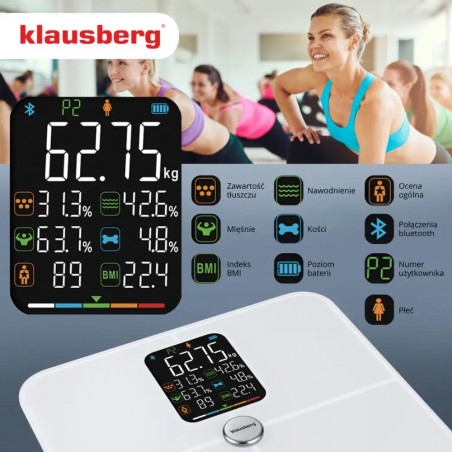Cântar-analizor Klausberg KB 7941, până la 180 kg, BIA, Bluetooth, ecran LCD, sticlă securizată, Smart, alb