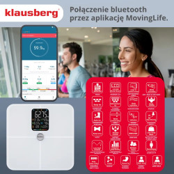 Cântar-analizor Klausberg KB 7941, până la 180 kg, BIA, Bluetooth, ecran LCD, sticlă securizată, Smart, alb