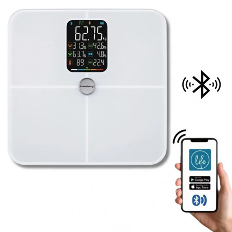 Cântar-analizor Klausberg KB 7941, până la 180 kg, BIA, Bluetooth, ecran LCD, sticlă securizată, Smart, alb