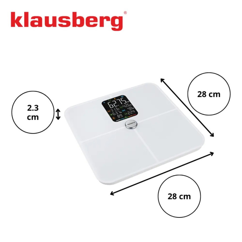 Cântar-analizor Klausberg KB 7941, până la 180 kg, BIA, Bluetooth, ecran LCD, sticlă securizată, Smart, alb