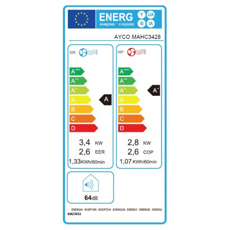 Aparat de aer conditionat portabil Ayco MAHC3428, 12000 BTU, Clasa A, Pana la 24 m², 450 m³, 64 dB, Comanda tactila, Alb