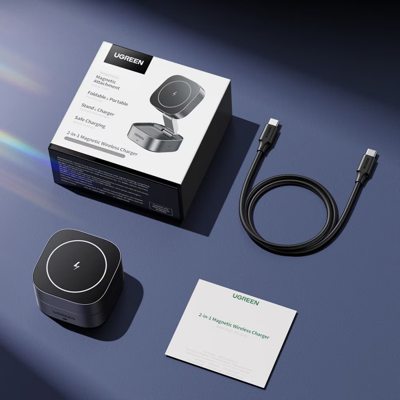 Încărcător wireless cu inducție 3-în-1 UGREEN W526, putere maximă 25 W, MagSafe, 7,5 W/iOS, USB-C, negru
