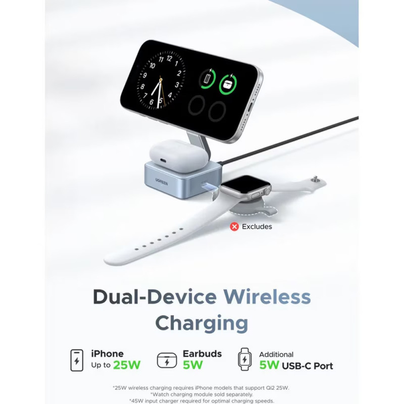Încărcător wireless 2-în-1 UGREEN W752, putere maximă 35 W, MagFlow 25 W Qi2, USB-C, negru
