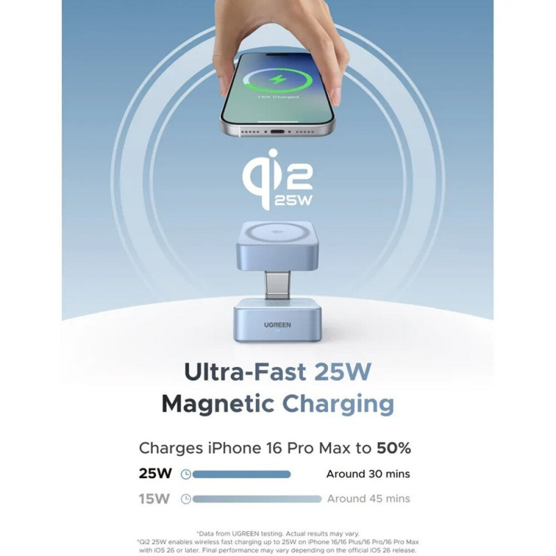 Încărcător wireless 2-în-1 UGREEN W752, putere maximă 35 W, MagFlow 25 W Qi2, USB-C, negru