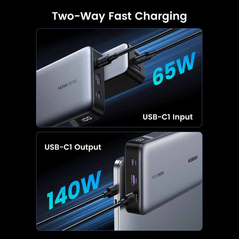 Baterie externă UGREEN PB205, 25000 mAh, PD 3.1 145 W, ecran digital cu LED, potrivită pentru călătoriile cu avionul, USB-C, gri