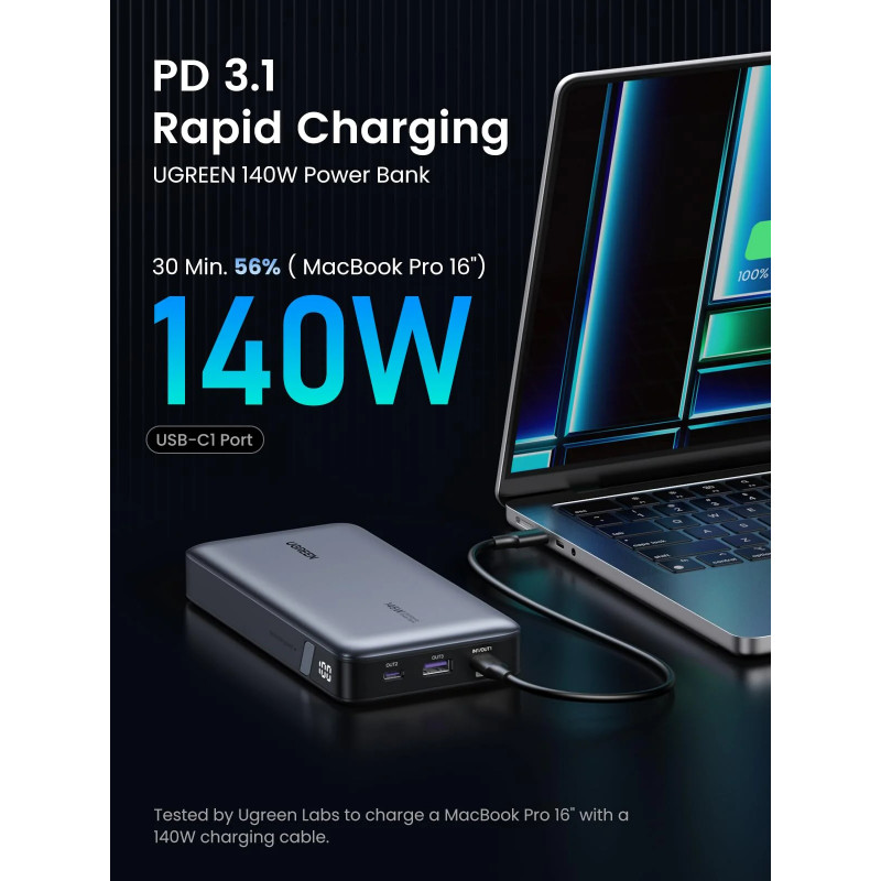 Baterie externă UGREEN PB205, 25000 mAh, PD 3.1 145 W, ecran digital cu LED, potrivită pentru călătoriile cu avionul, USB-C, gri