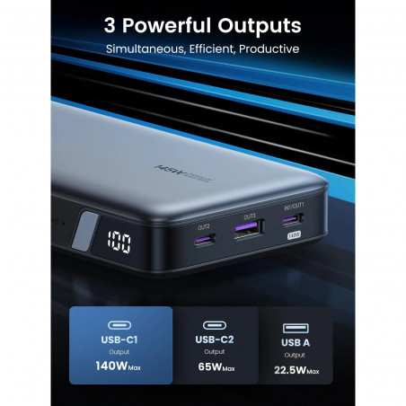 Baterie externă UGREEN PB205, 25000 mAh, PD 3.1 145 W, ecran digital cu LED, potrivită pentru călătoriile cu avionul, USB-C, gri