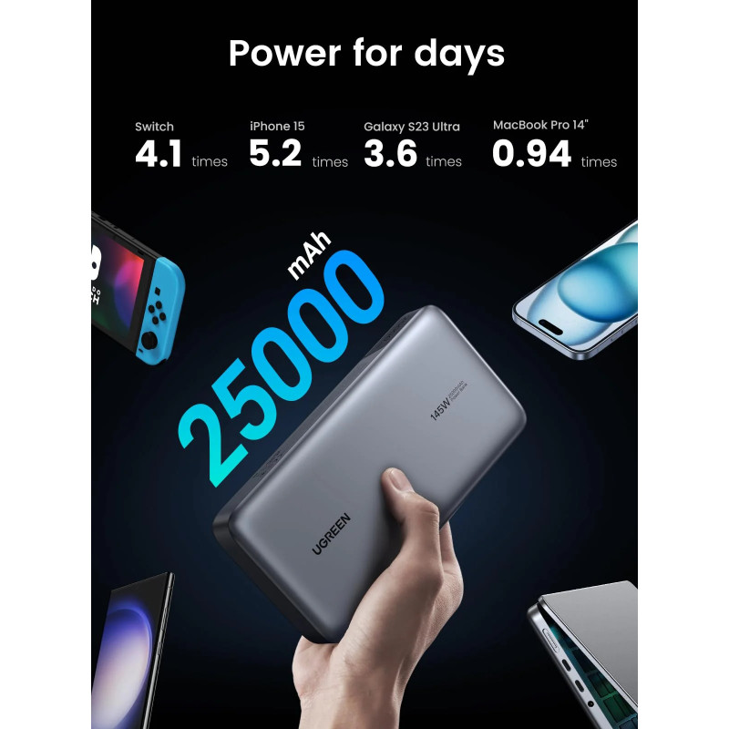 Baterie externă UGREEN PB205, 25000 mAh, PD 3.1 145 W, ecran digital cu LED, potrivită pentru călătoriile cu avionul, USB-C, gri