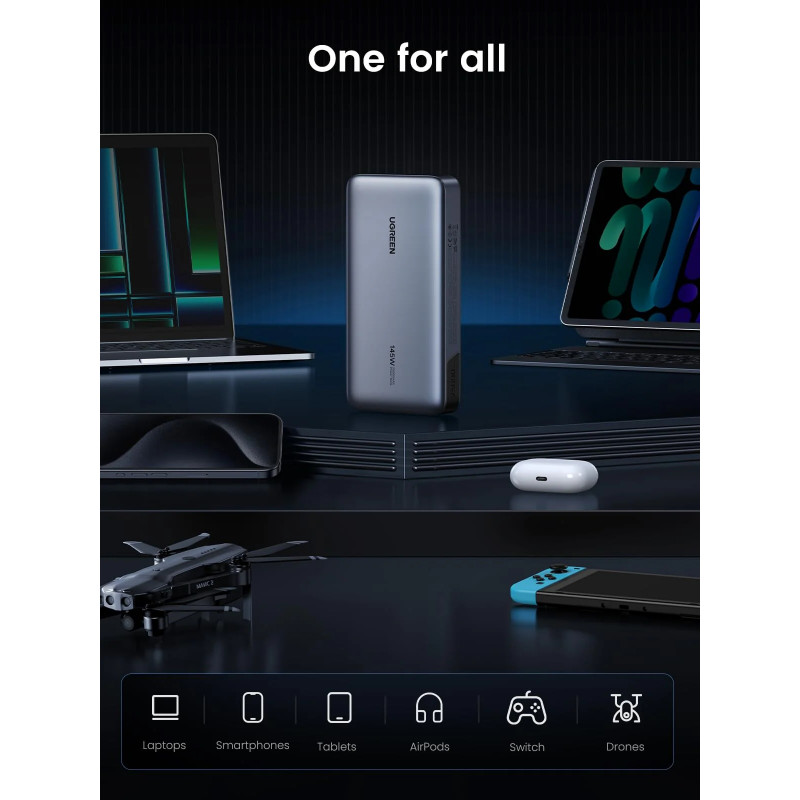 Baterie externă UGREEN PB205, 25000 mAh, PD 3.1 145 W, ecran digital cu LED, potrivită pentru călătoriile cu avionul, USB-C, gri