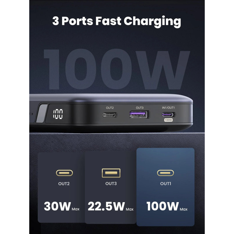 Baterie externă UGREEN PB720, 20000 mAh, PD 3.0 100 W, ecran digital cu LED, potrivită pentru călătoriile cu avionul, USB-C, gri