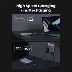 Baterie externă UGREEN PB720, 20000 mAh, PD 3.0 100 W, ecran digital cu LED, potrivită pentru călătoriile cu avionul, USB-C, gri