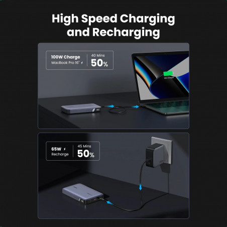 Baterie externă UGREEN PB720, 20000 mAh, PD 3.0 100 W, ecran digital cu LED, potrivită pentru călătoriile cu avionul, USB-C, gri