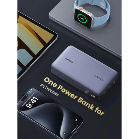 Baterie externă UGREEN PB720, 20000 mAh, PD 3.0 100 W, ecran digital cu LED, potrivită pentru călătoriile cu avionul, USB-C, gri
