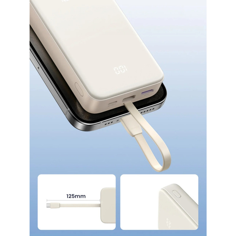 Baterie externă UGREEN PB505, 20000 mAh, PD 3.0 22,5 W, cablu integrat, indicator LED digital, potrivită pentru călătoriile cu avionul, gri