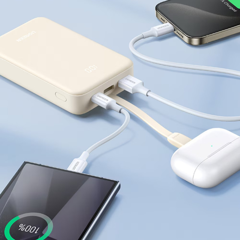 Baterie externă UGREEN PB505, 20000 mAh, PD 3.0 22,5 W, cablu integrat, indicator LED digital, potrivită pentru călătoriile cu avionul, gri