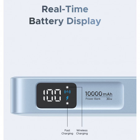 Baterie externă UGREEN PB773, 10000 mAh, PD 30 W, Qi2 25 W, Magflow, afișaj digital LED, cablu integrat, USB-C, albastru