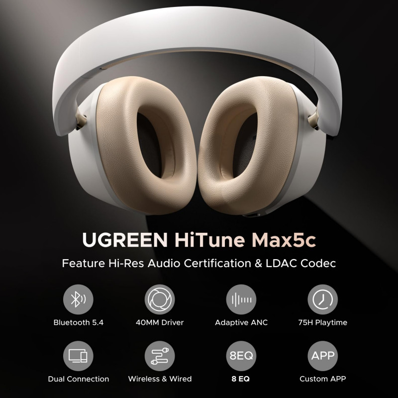 Casti fara fir UGREEN HiTune ANC Max5c HP203, Pana la 75 de ore, Spatial Audio, Hi-Res, Anulare hibrida a zgomotului (ANC), Pliabile, Alb