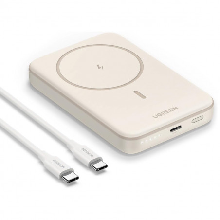 Baterie externă UGREEN PB561, 10000 mAh, PD 3.0 20 W, Qi 15 W, încărcare wireless magnetică, lumini LED, USB-C, alb