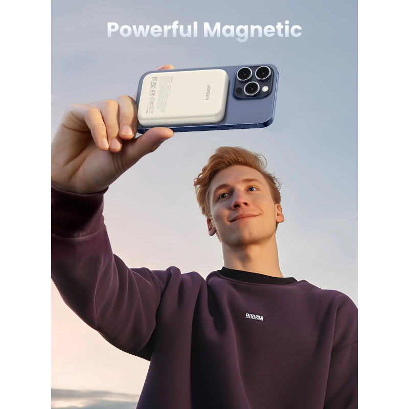 Baterie externă UGREEN PB561, 10000 mAh, PD 3.0 20 W, Qi 15 W, încărcare wireless magnetică, lumini LED, USB-C, alb
