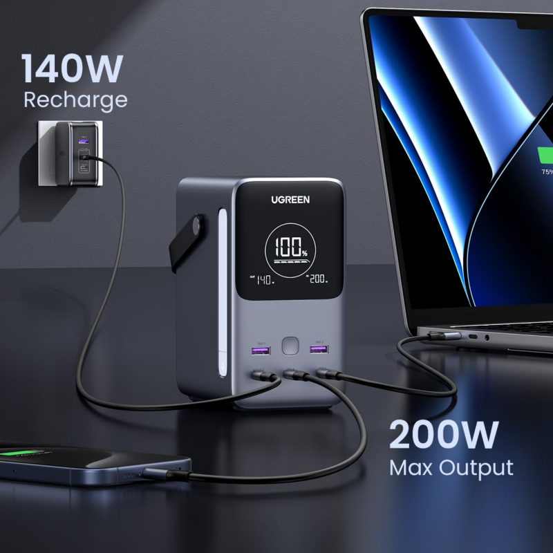 Baterie externa UGREEN PB770, 48 000 mAh, 300 W, LiFePO4, USB-C/A, Lumina LED cu moduri, Maner, Gri