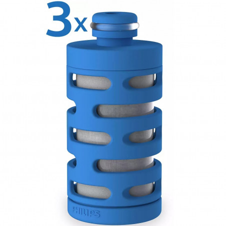 Cartus de filtrare pentru sticla de apa Philips AWP287/58 GoZero Fitness, 3 buc., Elimină 99% din clor, Albastru