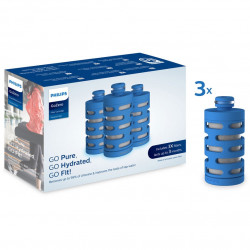 Cartus de filtrare pentru sticla de apa Philips AWP287/58 GoZero Fitness, 3 buc., Elimină 99% din clor, Albastru