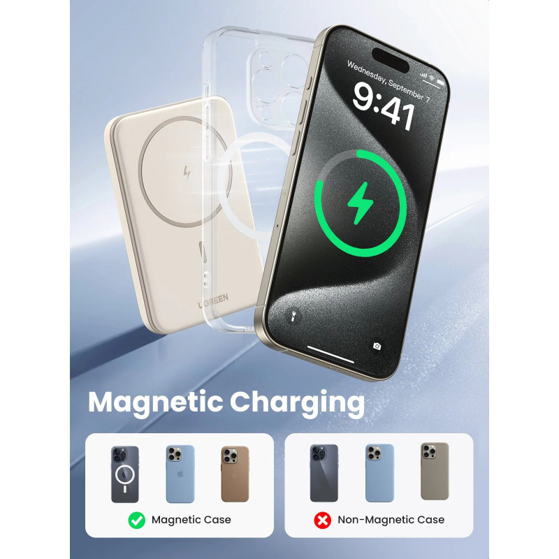Baterie externă UGREEN PB560, 5000 mAh, PD 3.0 20 W, Qi 7,5 W, încărcare wireless magnetică, lumini LED, USB-C, alb